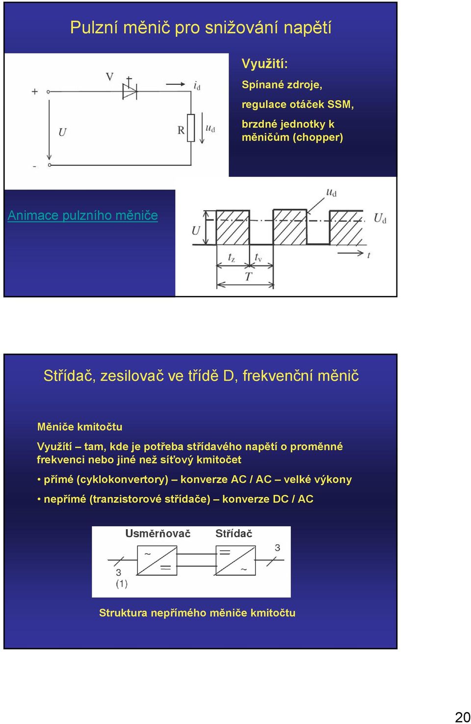 kde je potřeba střídavého napětí o proměnné frekvenci nebo jiné než síťový kmitočet přímé (cyklokonvertory)