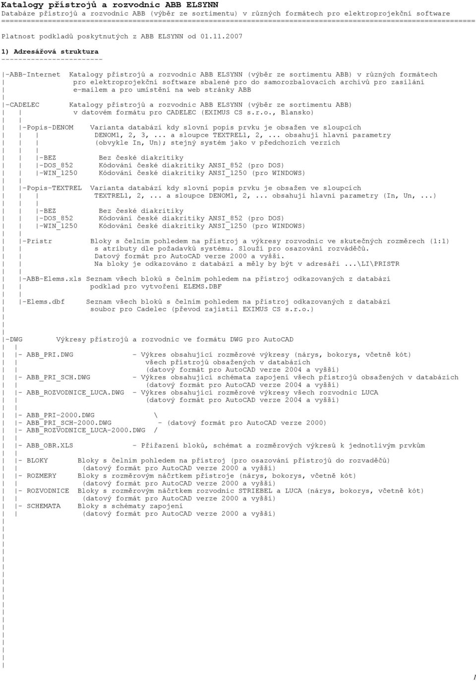 2007 1) Adresářová struktura ------------------------ -ABB-Internet Katalogy přístrojů a rozvodnic ABB ELSYNN (výběr ze sortimentu ABB) v různých formátech pro elektroprojekční software sbalené pro