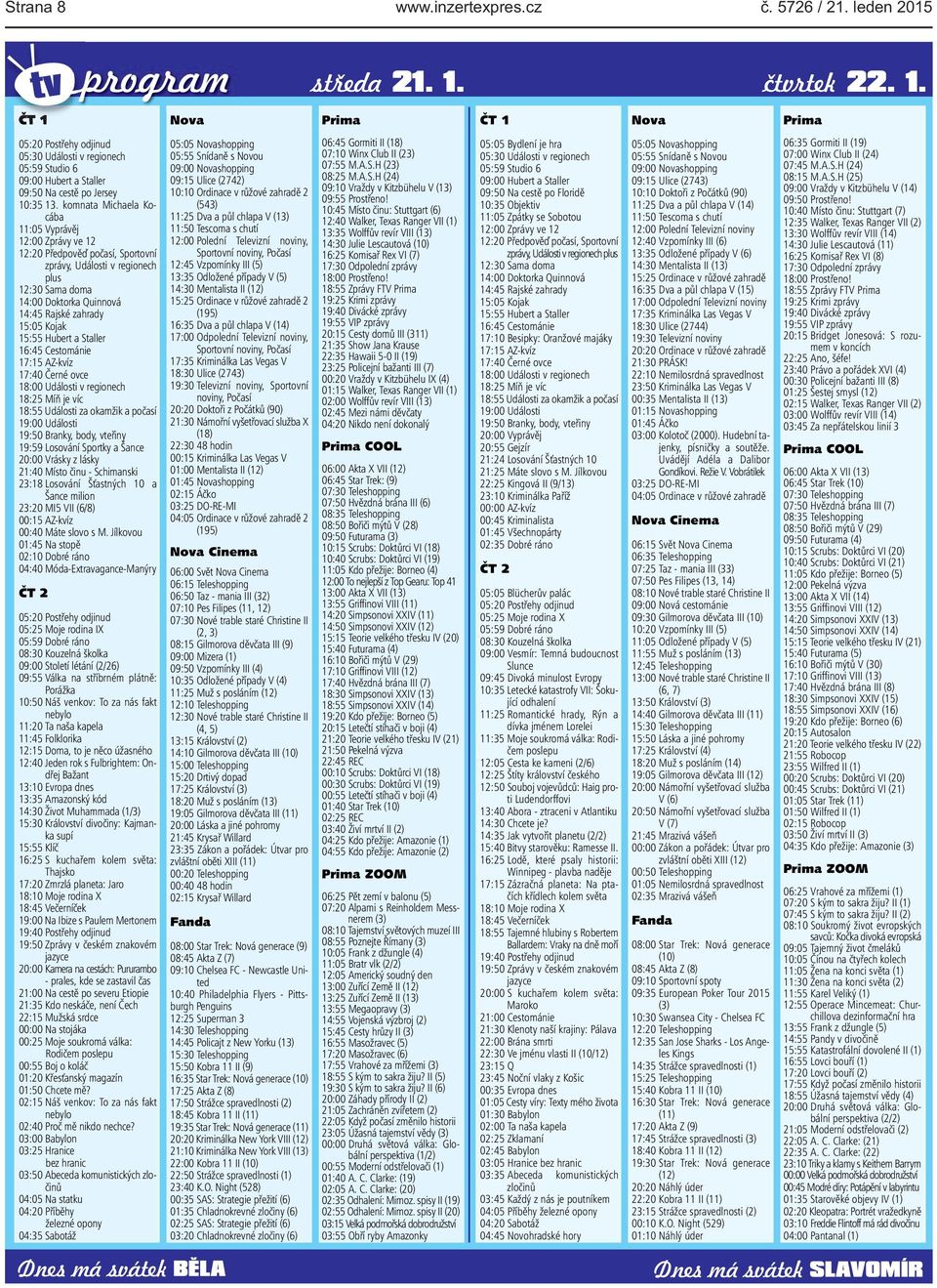 14:45 Rajské zahrady 15:05 Kojak 15:55 Hubert a Staller 16:45 Cestománie 17:15 AZ-kvíz 17:40 Černé ovce 18:00 Události v regionech 18:25 Míň je víc 18:55 Události za okamžik a počasí 19:00 Události