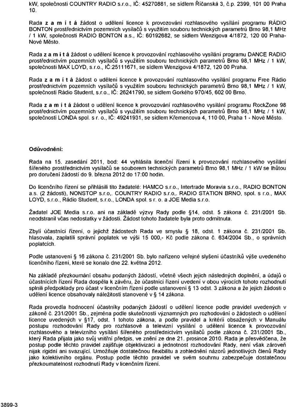 společnosti RÁDIO BONTON a.s., IČ: 60192682, se sídlem Wenzigova 4/1872, 120 00 Praha- Nové Město.