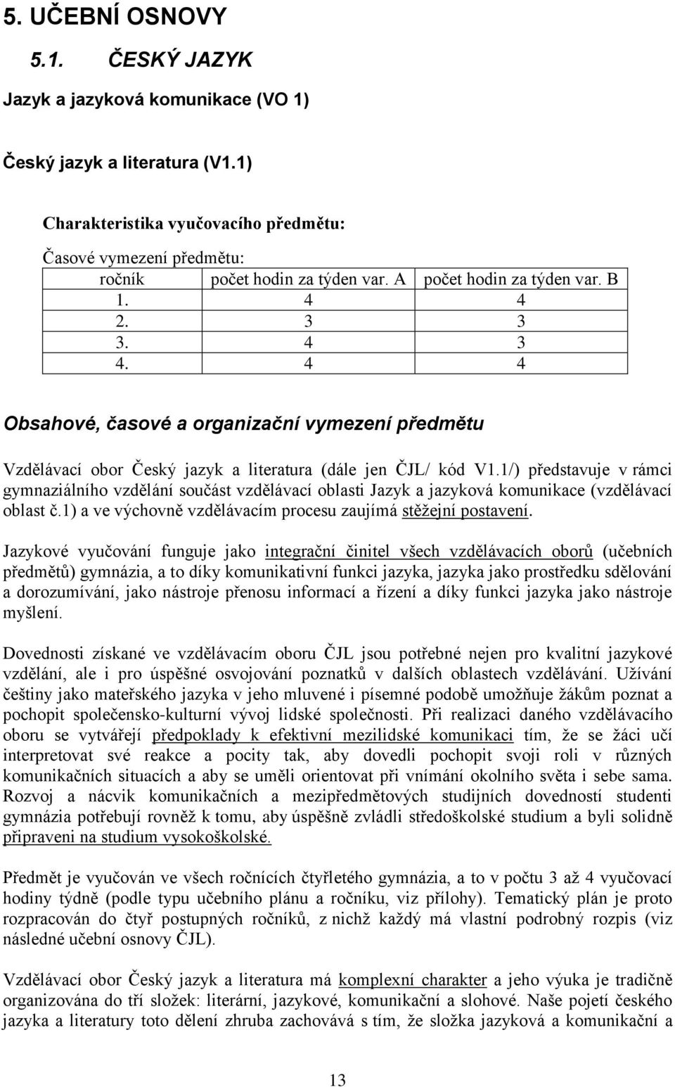 1/) představuje v rámci gymnaziálního vzdělání součást vzdělávací oblasti Jazyk a jazyková komunikace (vzdělávací oblast č.1) a ve výchovně vzdělávacím procesu zaujímá stěžejní postavení.