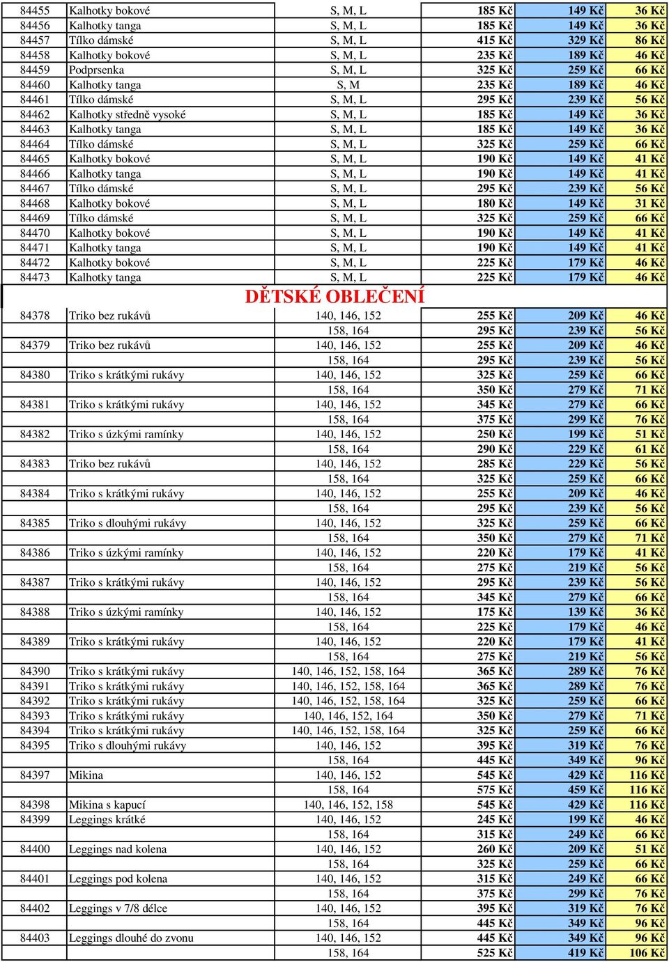 84463 Kalhotky tanga S, M, L 185 Kč 149 Kč 36 Kč 84464 Tílko dámské S, M, L 325 Kč 259 Kč 66 Kč 84465 Kalhotky bokové S, M, L 190 Kč 149 Kč 41 Kč 84466 Kalhotky tanga S, M, L 190 Kč 149 Kč 41 Kč