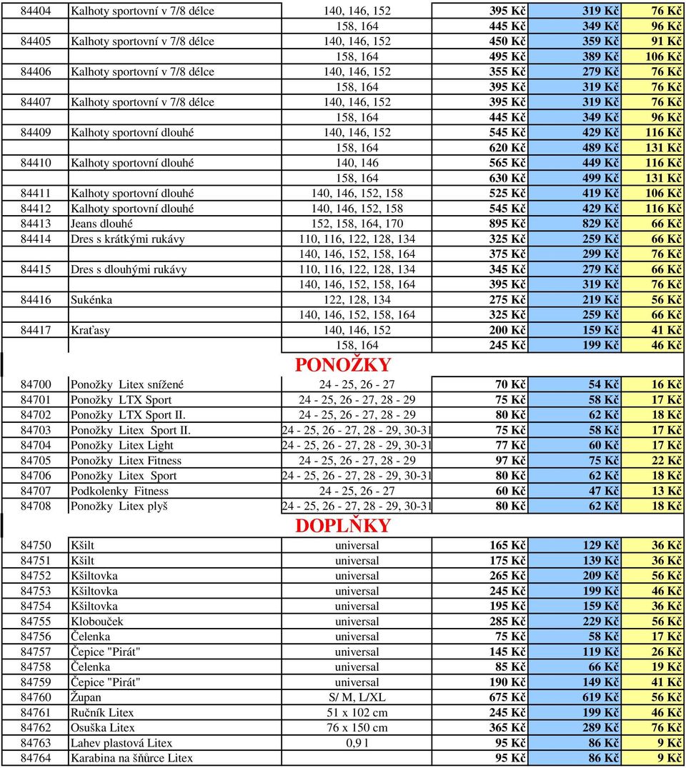 116 Kč 158, 164 620 Kč 489 Kč 131 Kč 84410 Kalhoty sportovní dlouhé 140, 146 565 Kč 449 Kč 116 Kč 158, 164 630 Kč 499 Kč 131 Kč 84411 Kalhoty sportovní dlouhé 140, 146, 152, 158 525 Kč 419 Kč 106 Kč