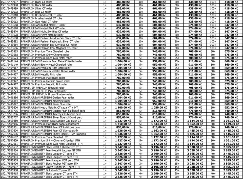 1501/2480010 PARKER IM Brushed Metal CT roller 1+ 483,00 Kč 10+ 461,00 Kč 50+ 438,00 Kč 100+ 418,00 Kč 1501/2480011 PARKER IM brushed metal GT roller 1+ 483,00 Kč 10+ 461,00 Kč 50+ 438,00 Kč 100+