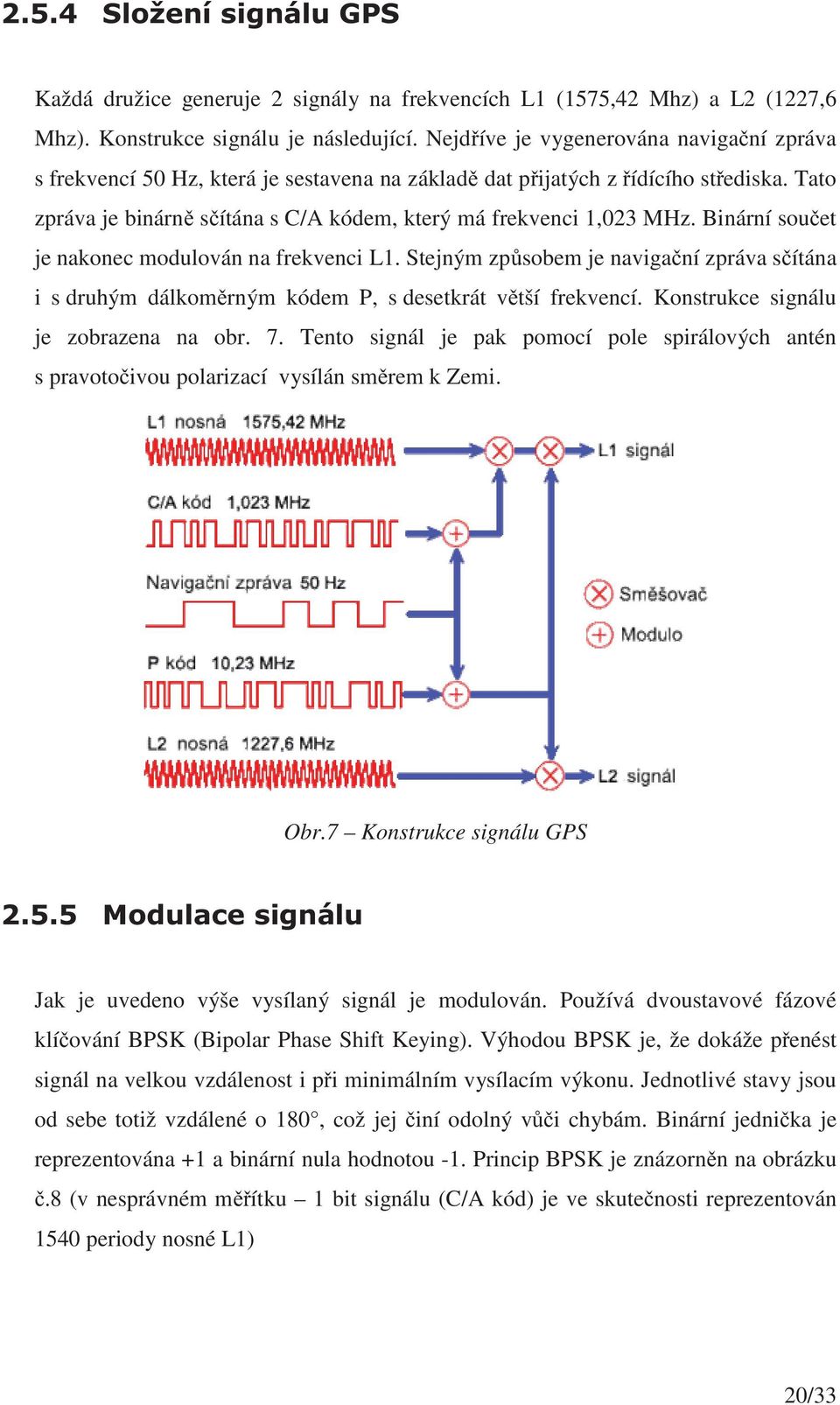 Binární souet je nakonec modulován na frekvenci L1. Stejným zpsobem je naviganí zpráva sítána i s druhým dálkomrným kódem P, s desetkrát vtší frekvencí. Konstrukce signálu je zobrazena na obr. 7.