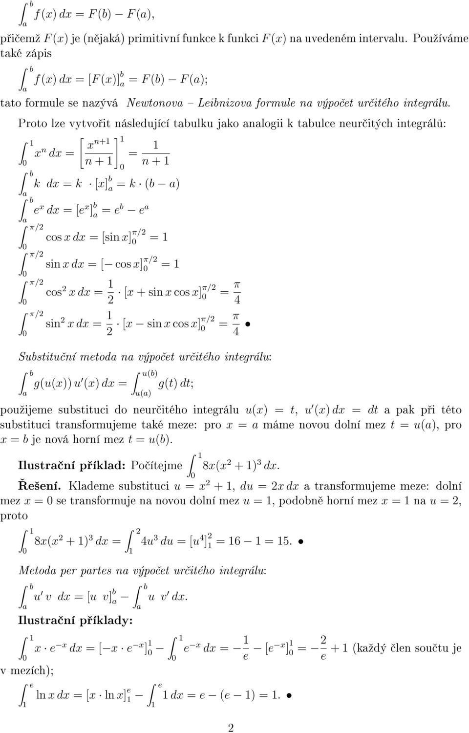 Proto lze vytvo it následující tbulku jko nlogii k tbulce neur itých integrál : b π/2 π/2 π/2 π/2 x n dx = [ ] x n+ n + = n + k dx = k [x] b = k (b ) e x dx = [e x ] b = eb e cos x dx = [sin x] π/2 =