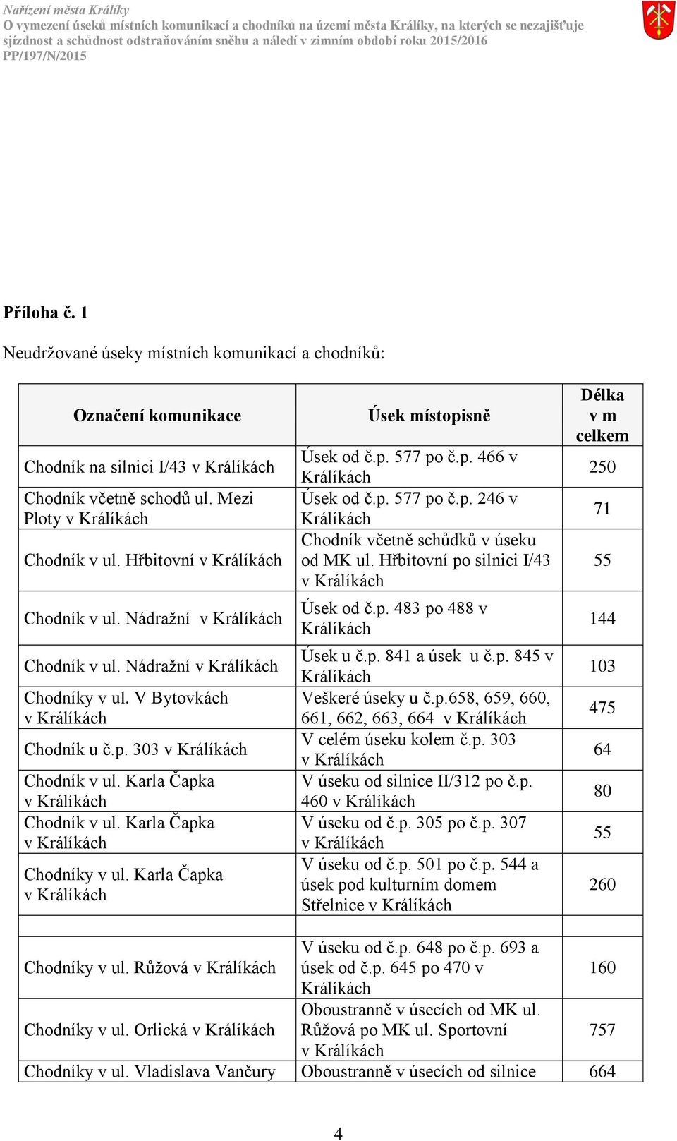 p. 577 po č.p. 246 v Chodník včetně schůdků v úseku od MK ul. Hřbitovní po silnici I/43 Úsek od č.p. 483 po 488 v Úsek u č.p. 841 a úsek u č.p. 845 v Veškeré úseky u č.p.658, 659, 660, 661, 662, 663, 664 V celém úseku kolem č.