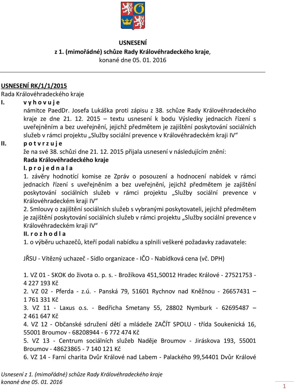 Královéhradeckém kraji IV II. p o t v r z u j e že na své 38. schůzi dne 21. 12. 2015 přijala usnesení v následujícím znění: I. p r o j e d n a l a 1.