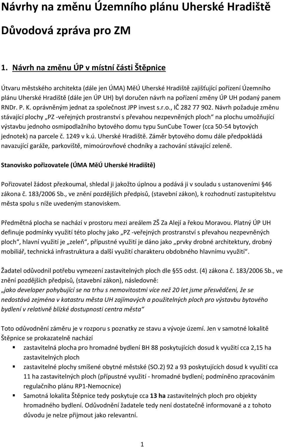 pořízení změny ÚP UH podaný panem RNDr. P. K. oprávněným jednat za společnost JPP invest s.r.o., IČ 282 77 902.