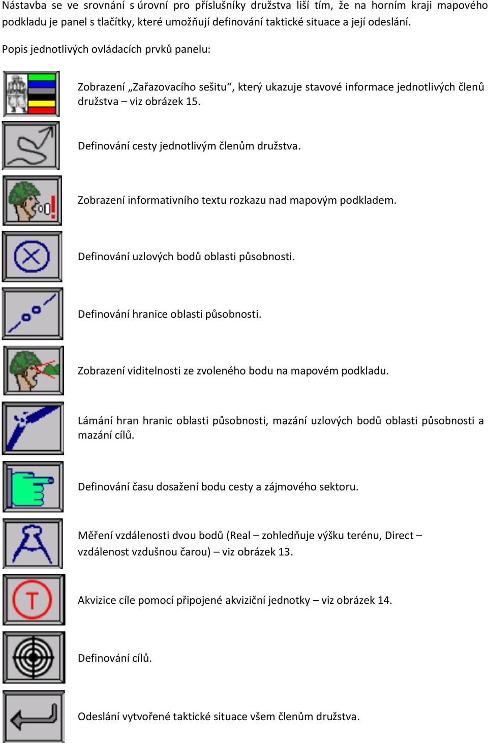 Zobrazení informativního textu rozkazu nad mapovým podkladem. Definování uzlových bodů oblasti působnosti. Definování hranice oblasti působnosti.