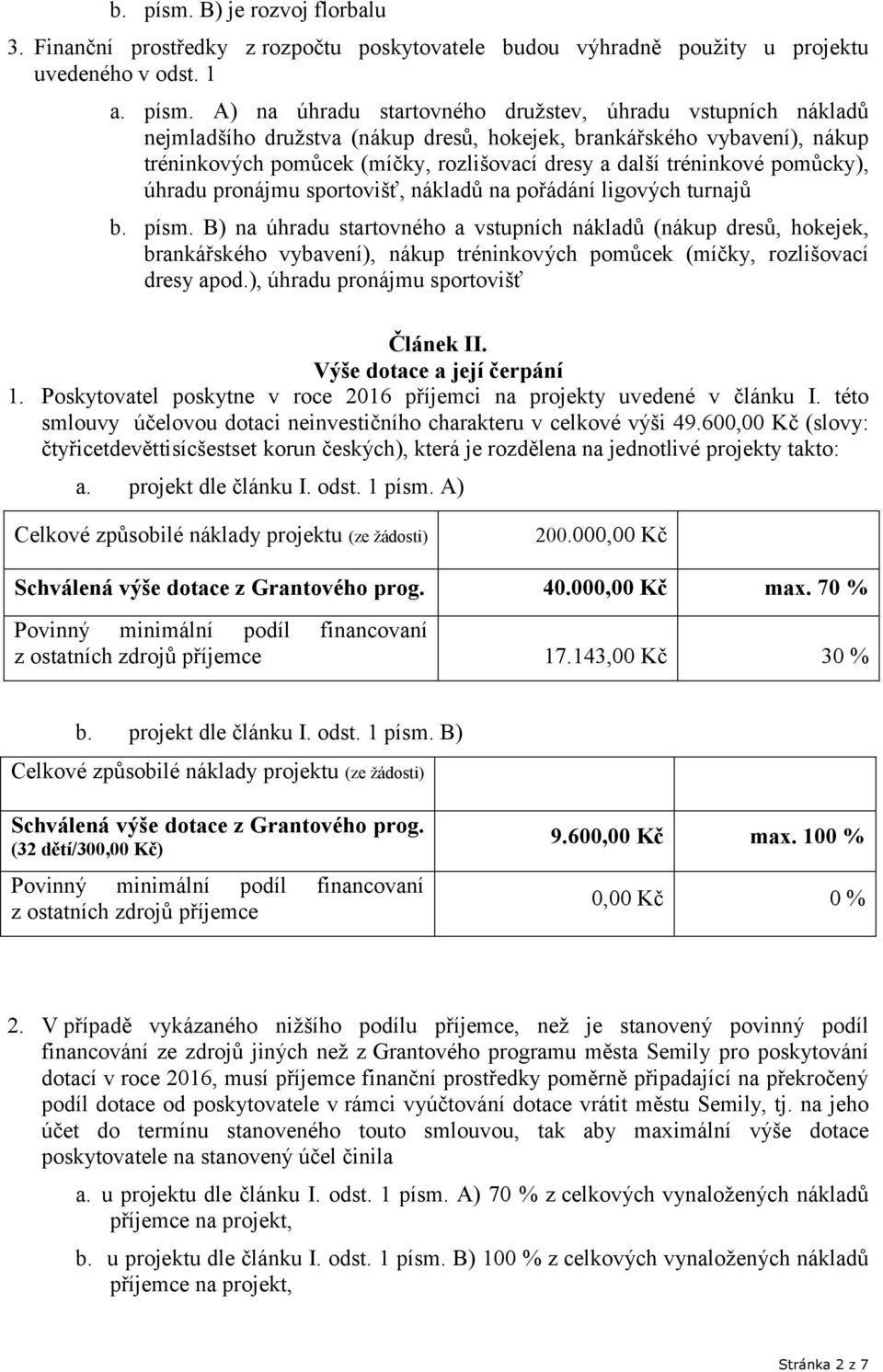 A) na úhradu startovného družstev, úhradu vstupních nákladů nejmladšího družstva (nákup dresů, hokejek, brankářského vybavení), nákup tréninkových pomůcek (míčky, rozlišovací dresy a další tréninkové