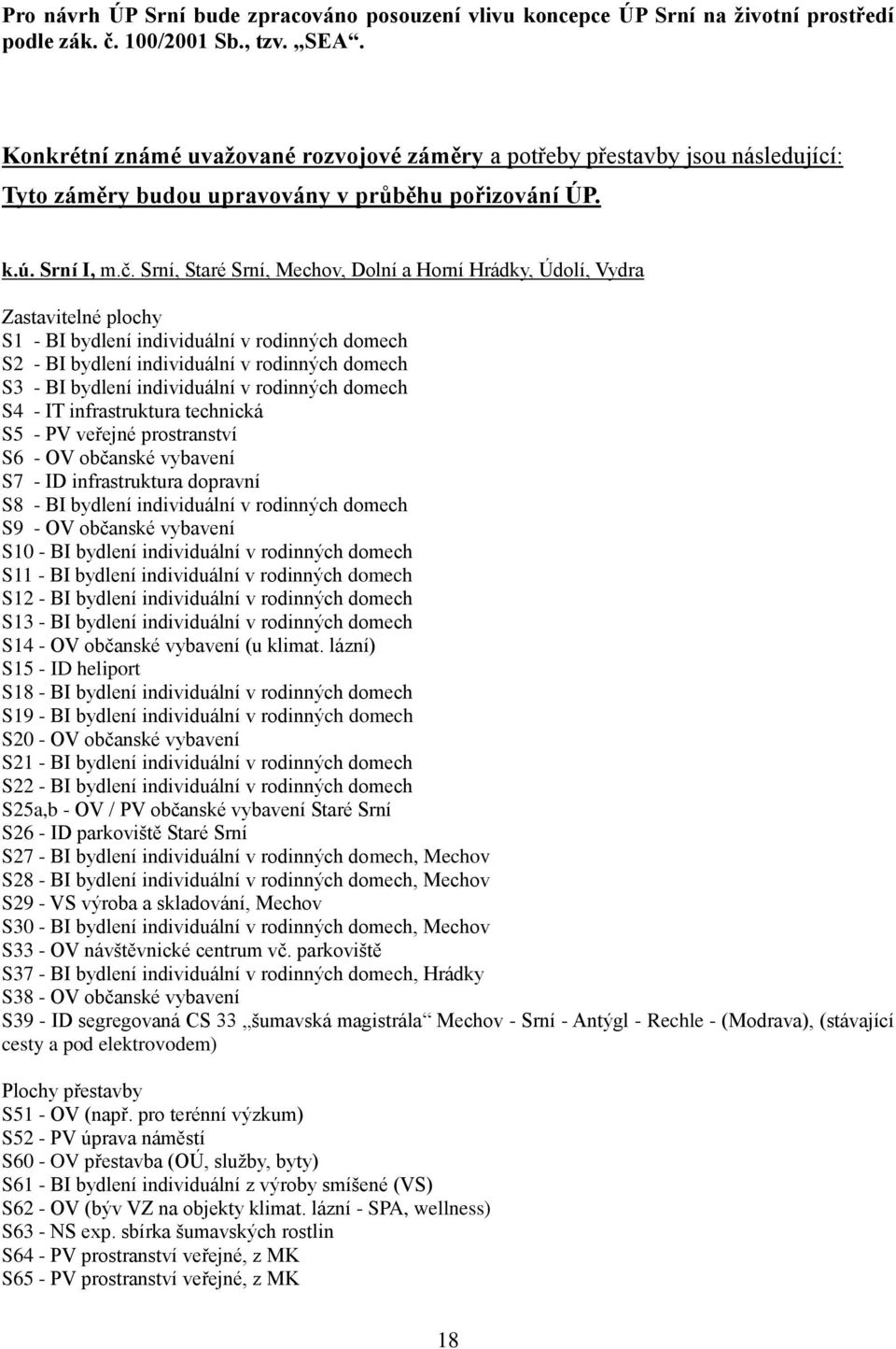 Srní, Staré Srní, Mechov, Dolní a Horní Hrádky, Údolí, Vydra Zastavitelné plochy S1 - BI bydlení individuální v rodinných domech S2 - BI bydlení individuální v rodinných domech S3 - BI bydlení