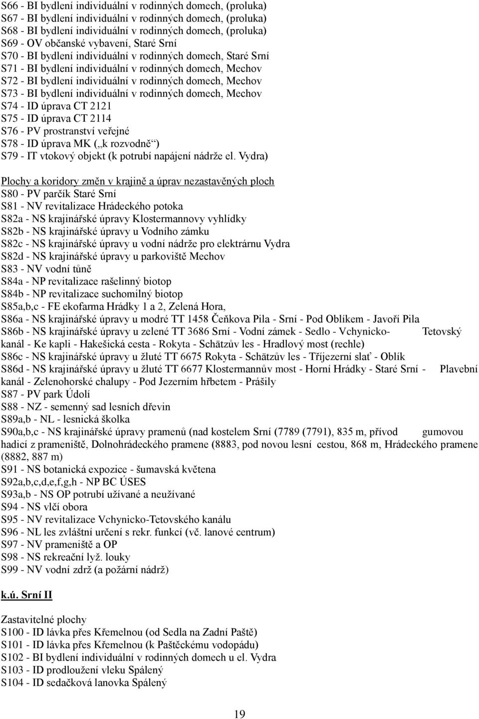 - BI bydlení individuální v rodinných domech, Mechov S74 - ID úprava CT 2121 S75 - ID úprava CT 2114 S76 - PV prostranství veřejné S78 - ID úprava MK ( k rozvodně ) S79 - IT vtokový objekt (k potrubí