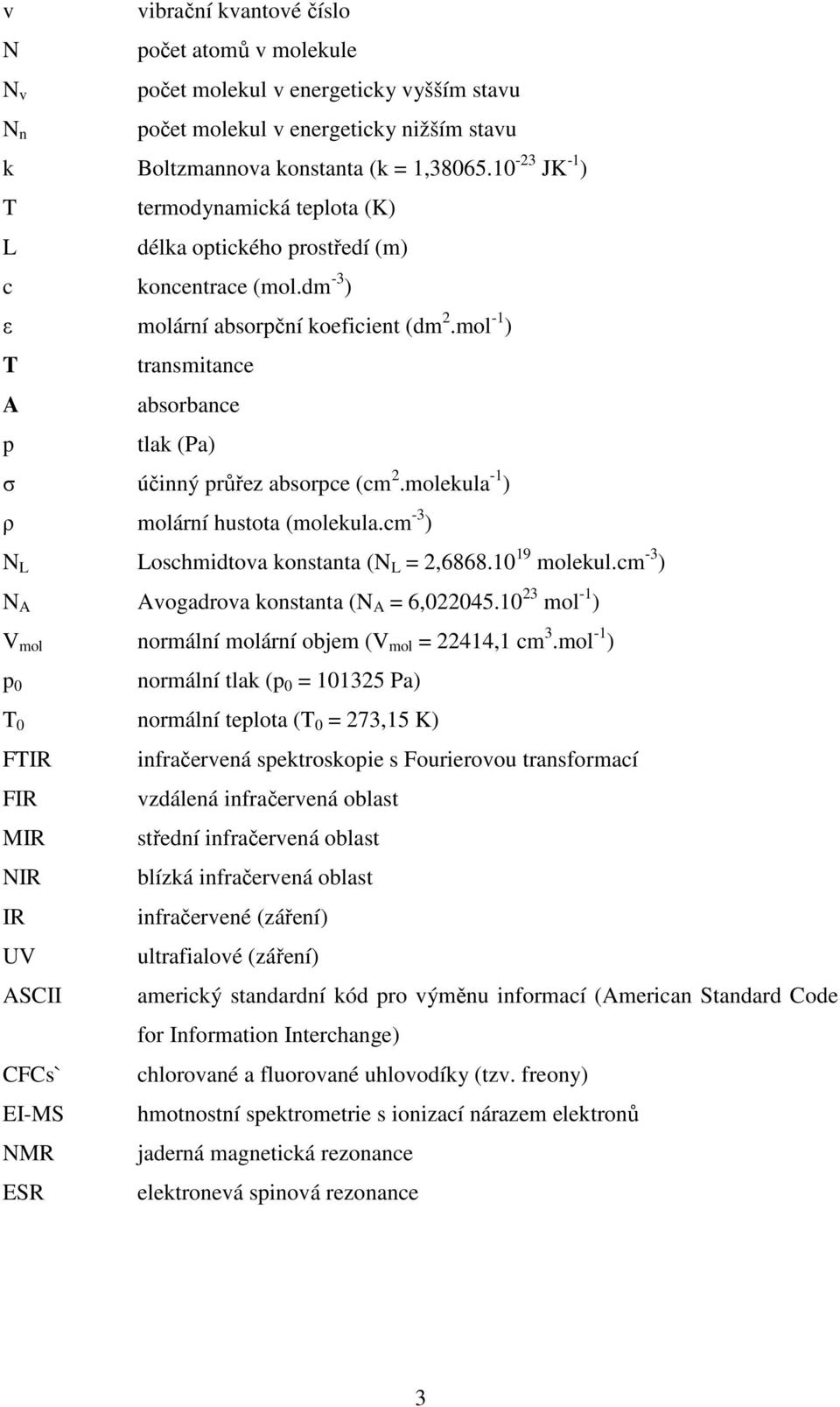 mol -1 ) T transmitance A absorbance p tlak (Pa) σ účinný průřez absorpce (cm 2.molekula -1 ) ρ molární hustota (molekula.cm -3 ) N L Loschmidtova konstanta (N L = 2,6868.10 19 molekul.