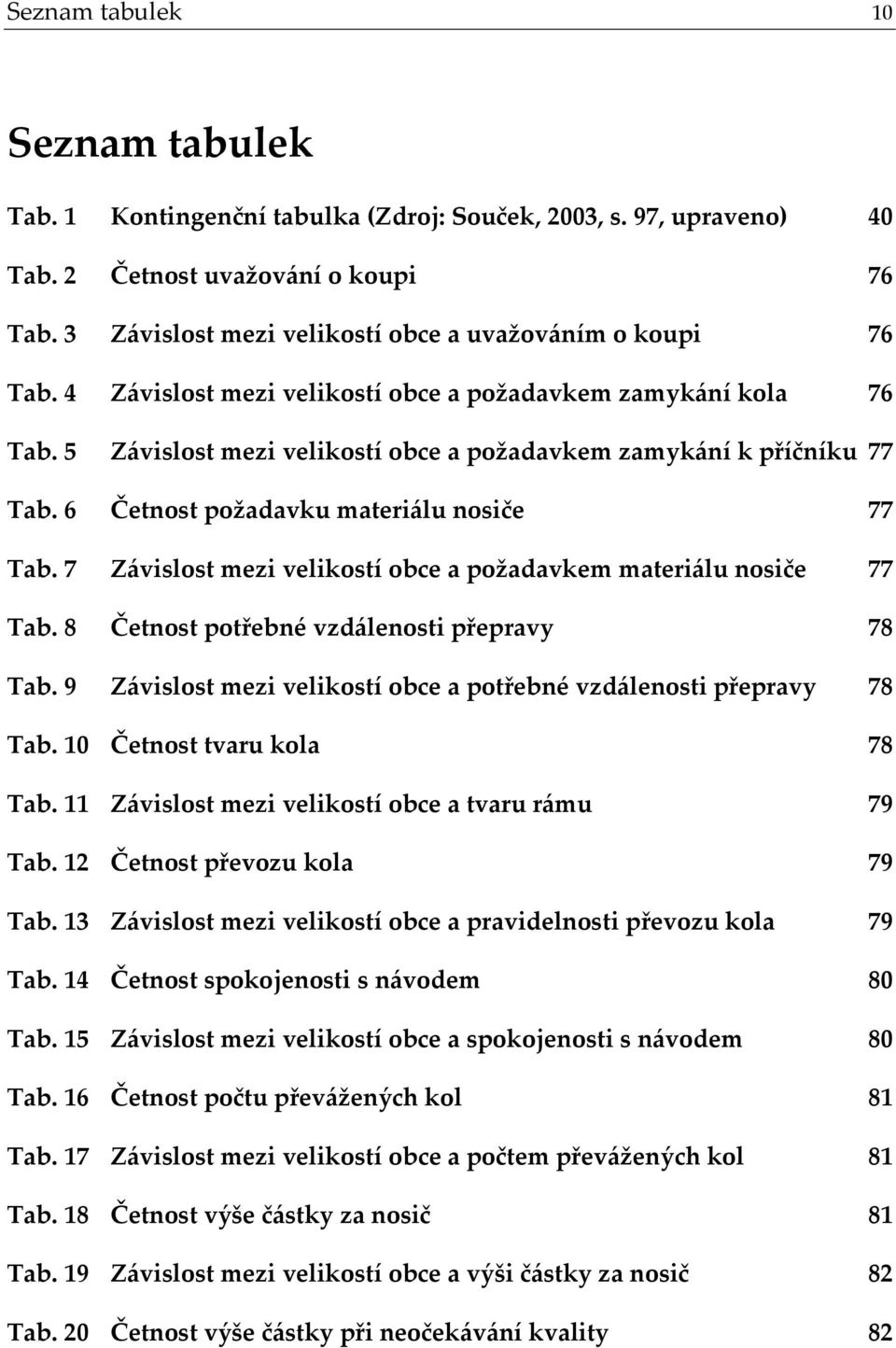 6 Četnost požadavku materi{lu nosiče 77 Tab. 7 Z{vislost mezi velikostí obce a požadavkem materi{lu nosiče 77 Tab. 8 Četnost potřebné vzd{lenosti přepravy 78 Tab.