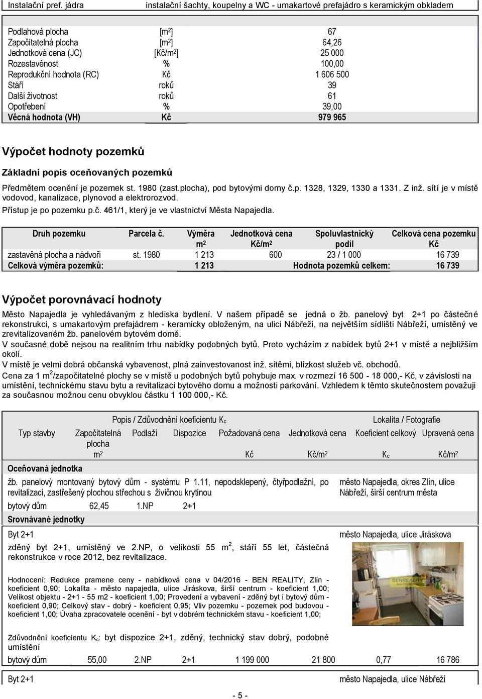 100,00 Reprodukční hodnota (RC) Kč 1 606 500 Stáří roků 39 Další životnost roků 61 Opotřebení % 39,00 Věcná hodnota (VH) Kč 979 965 Výpočet hodnoty pozemků Základní popis oceňovaných pozemků
