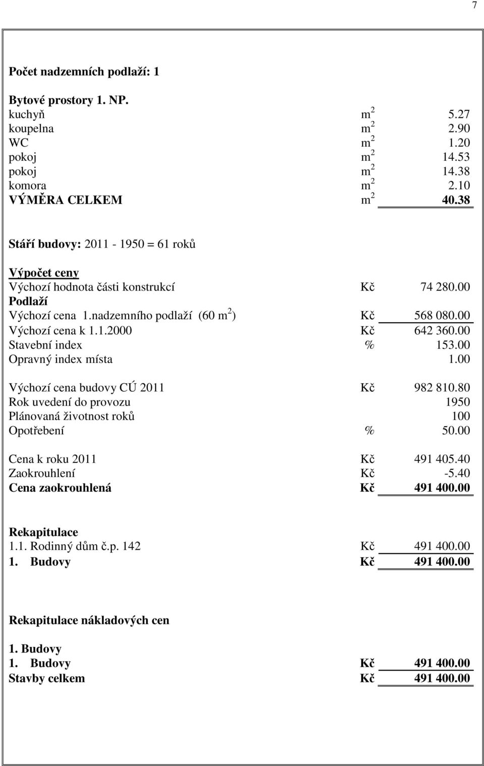 00 Stavební index % 153.00 Opravný index místa 1.00 Výchozí cena budovy CÚ 2011 Kč 982 810.80 Rok uvedení do provozu 1950 Plánovaná životnost roků 100 Opotřebení % 50.