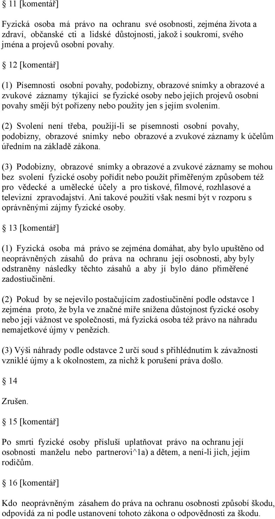 jejím svolením. (2) Svolení není třeba, použijí-li se písemnosti osobní povahy, podobizny, obrazové snímky nebo obrazové a zvukové záznamy k účelům úředním na základě zákona.