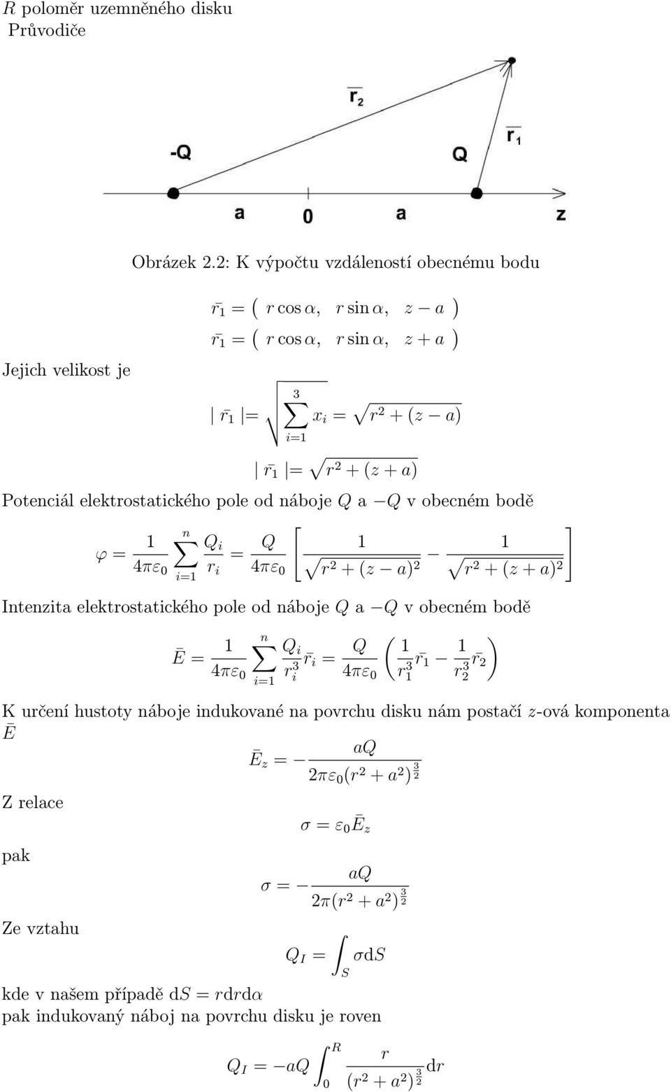 náboje Q a Q v obecném bodě [ ] ϕ = 1 n Q i = Q 1 4πε 0 r i 4πε 0 r2 + (z a) 1 2 r2 + (z + a) 2 i=1 Intenzita elektrostatického pole od náboje Q a Q v obecném bodě Ē = 1 n Q i r 4πε 0 ri 3 i = Q (