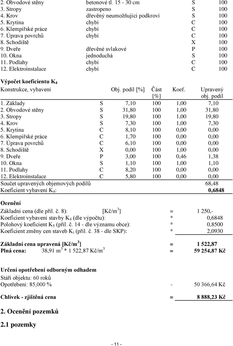 Elektroinstalace chybí C 100 Výpočet koeficientu K 4 Konstrukce, vybavení Obj. podíl [%] Část [%] Koef. Upravený obj. podíl 1. Základy S 7,10 100 1,00 7,10 2. Obvodové stěny S 31,80 100 1,00 31,80 3.