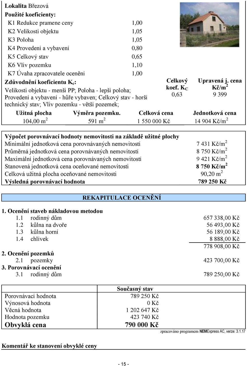 větší pozemek; Celkový koef. K C 0,63 Upravená j. cena Kč/m 2 9 399 Užitná plocha Výměra pozemku.