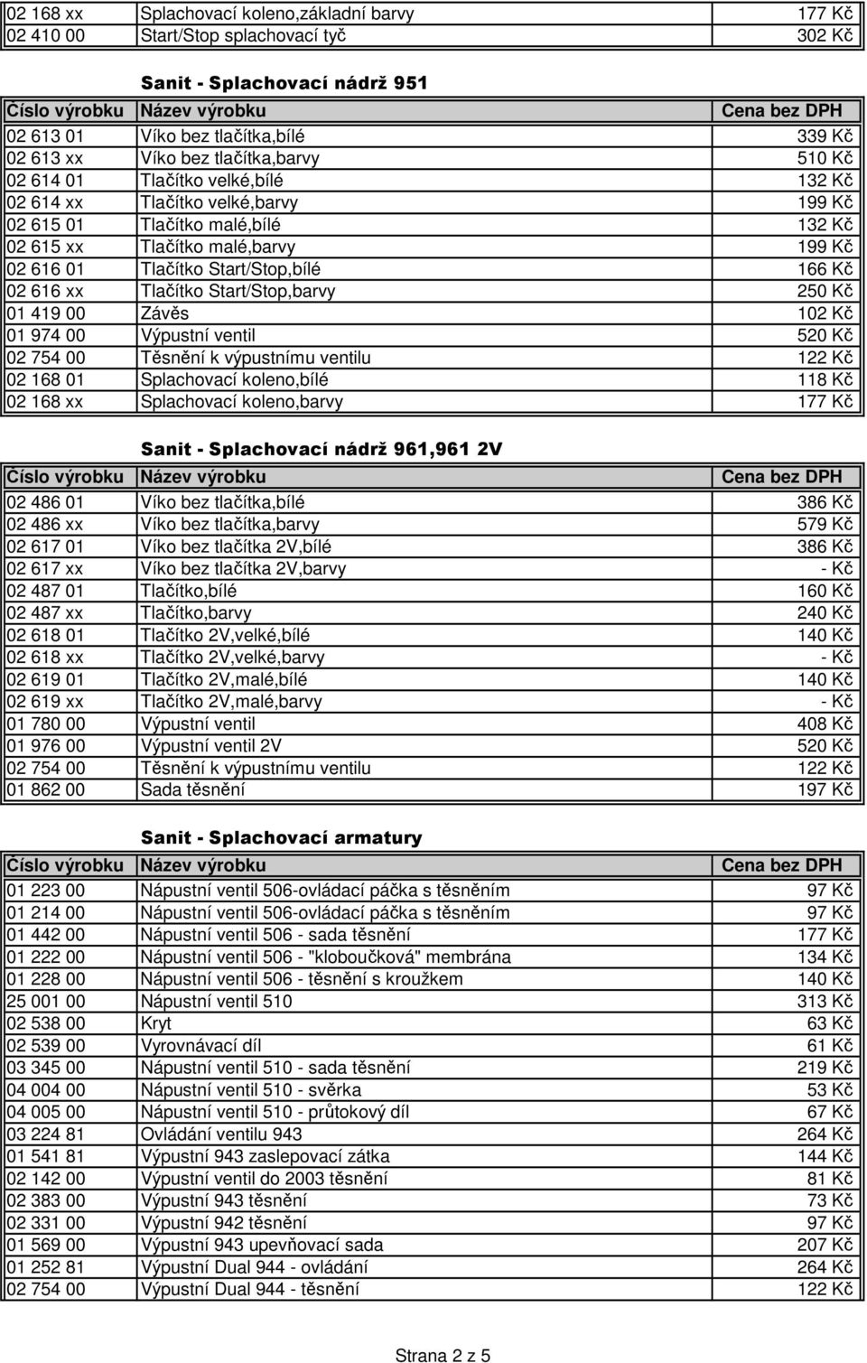 616 xx Tlačítko Start/Stop,barvy 250 Kč 01 419 00 Závěs 102 Kč 01 974 00 Výpustní ventil 520 Kč 02 168 xx Splachovací koleno,barvy 177 Kč Sanit - Splachovací nádrž 961,961 2V 02 486 01 Víko bez