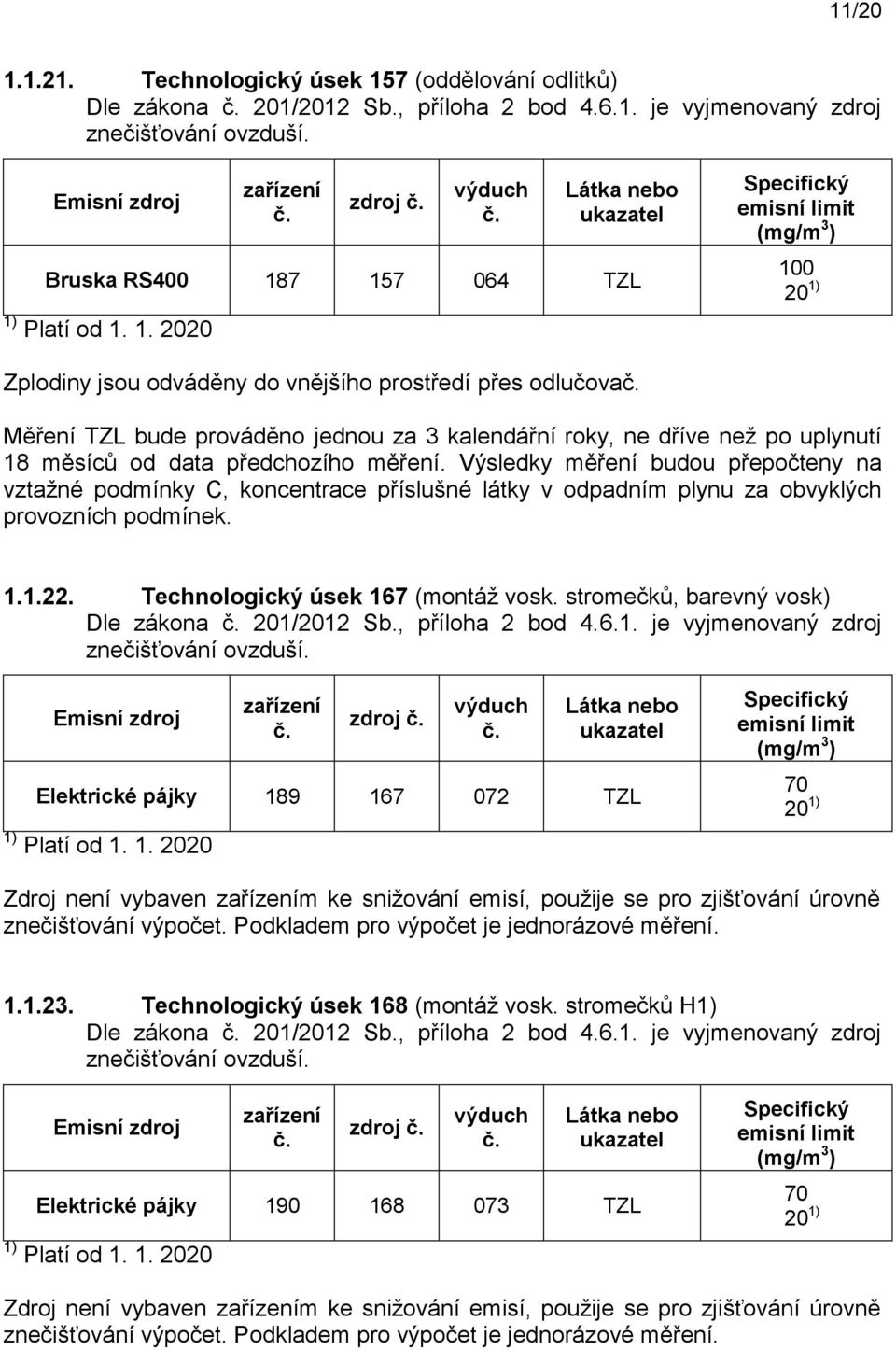 1.23. Technologický úsek 168 (montáž vosk. stromečků H1) Dle zákona 201/2012 Sb., příloha 2 bod 4.6.1. je vyjmenovaný Elektrické pájky 190 168 073 TZL Zdroj není vybaven m ke snižování emisí, použije se pro zjišťování úrovně