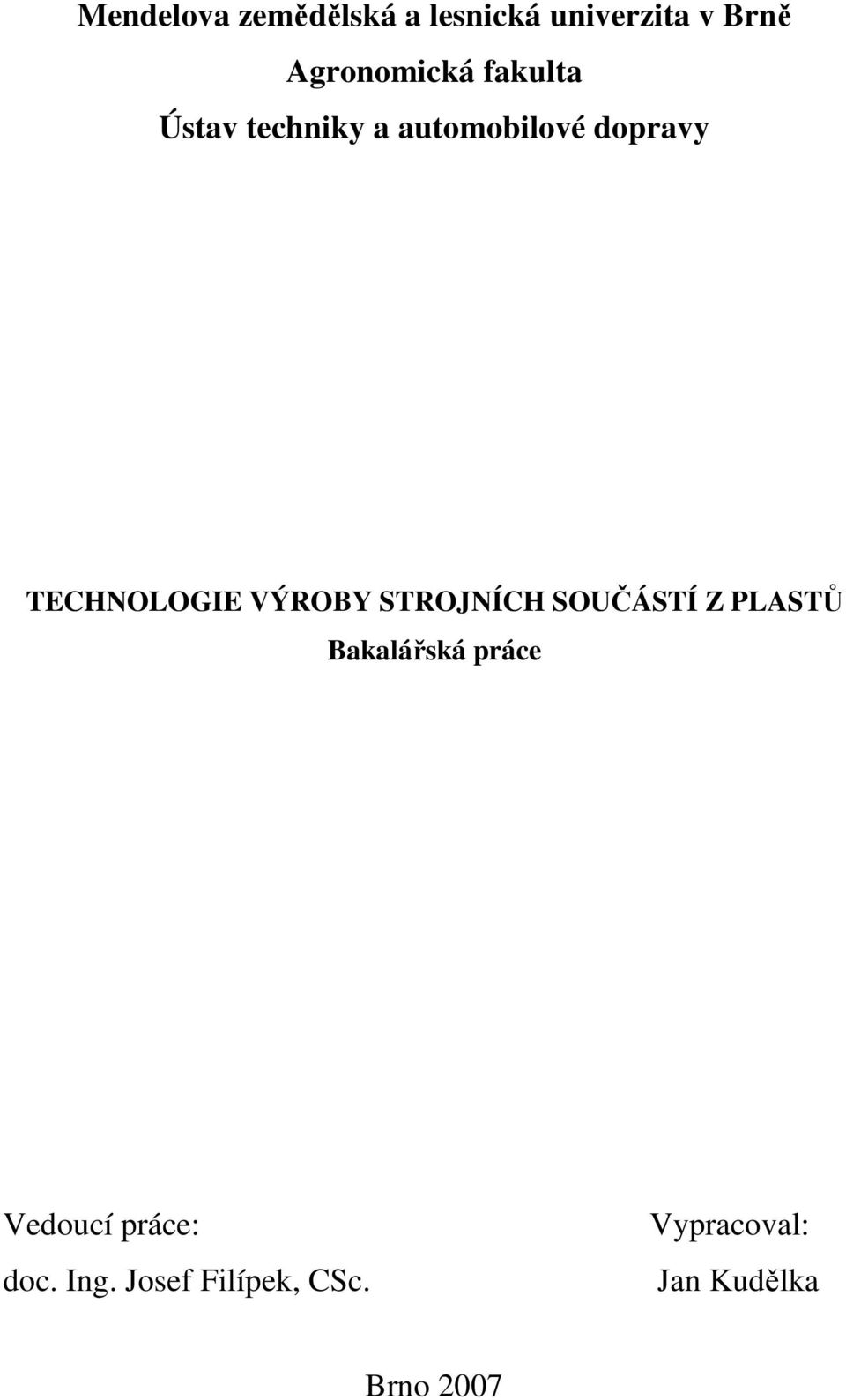 VÝROBY STROJNÍCH SOUČÁSTÍ Z PLASTŮ Bakalářská práce Vedoucí