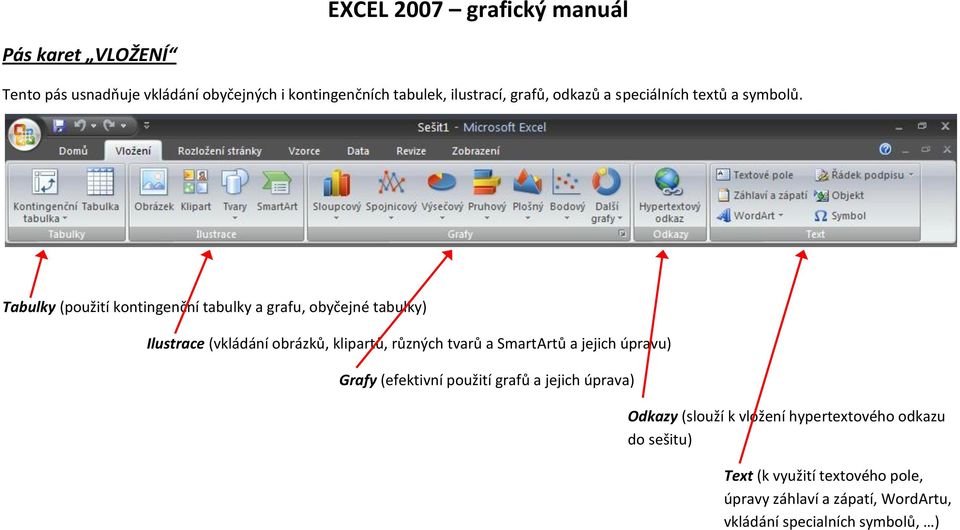 Tabulky (použití kontingenční tabulky a grafu, obyčejné tabulky) Ilustrace (vkládání obrázků, klipartů, různých tvarů a