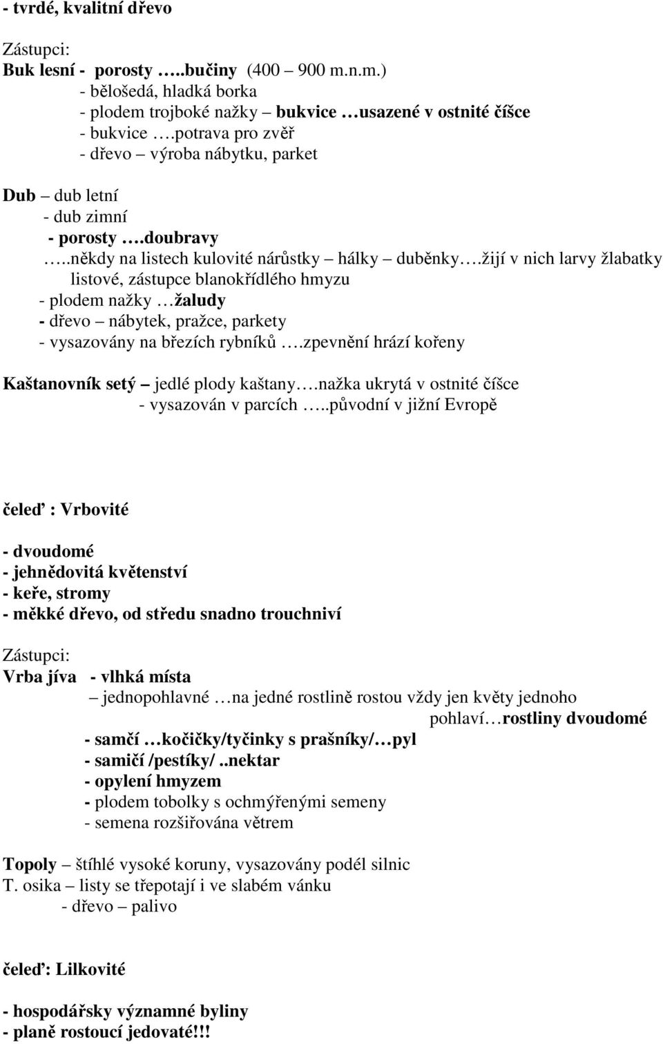 žijí v nich larvy žlabatky listové, zástupce blanokřídlého hmyzu - plodem nažky žaludy - dřevo nábytek, pražce, parkety - vysazovány na březích rybníků.