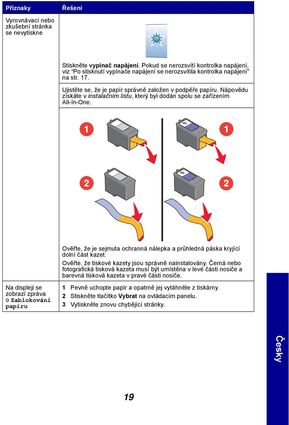 Nápovědu získáte v instalačním listu, který byl dodán spolu se zařízením All-In-One. 1 1 2 2 Ověřte, že je sejmuta ochranná nálepka a průhledná páska kryjící dolní část kazet.
