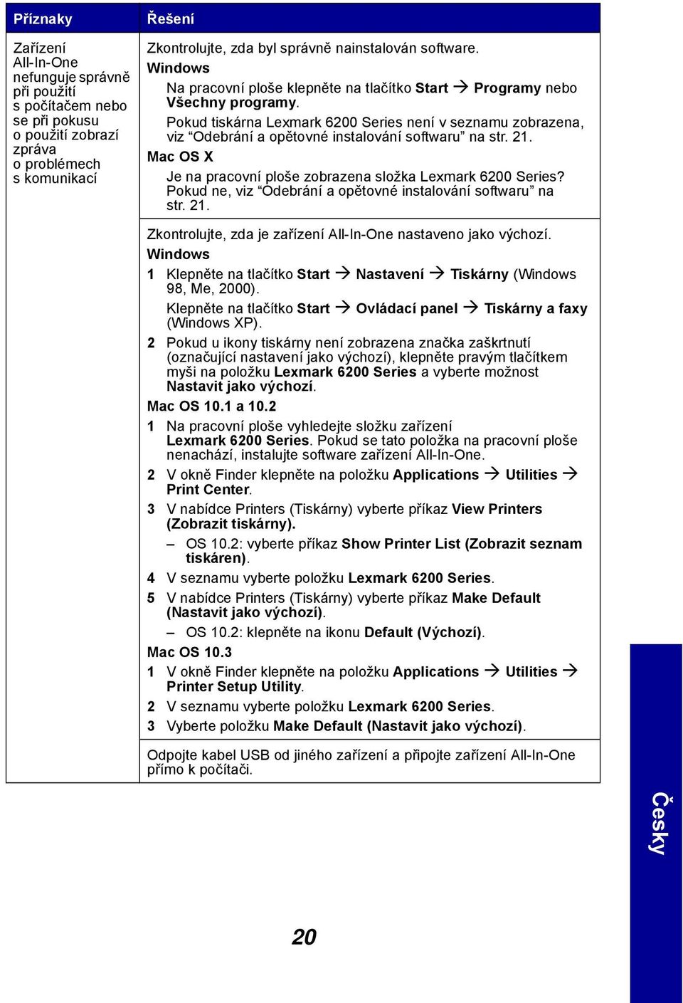 21. Mac OS X Je na pracovní ploše zobrazena složka Lexmark 6200 Series? Pokud ne, viz Odebrání a opětovné instalování softwaru na str. 21.