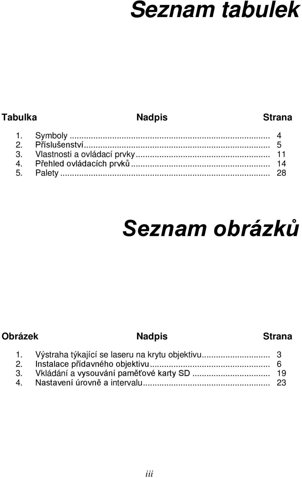 .. 28 Seznam obrázků Obrázek Nadpis Strana 1. Výstraha týkající se laseru na krytu objektivu.