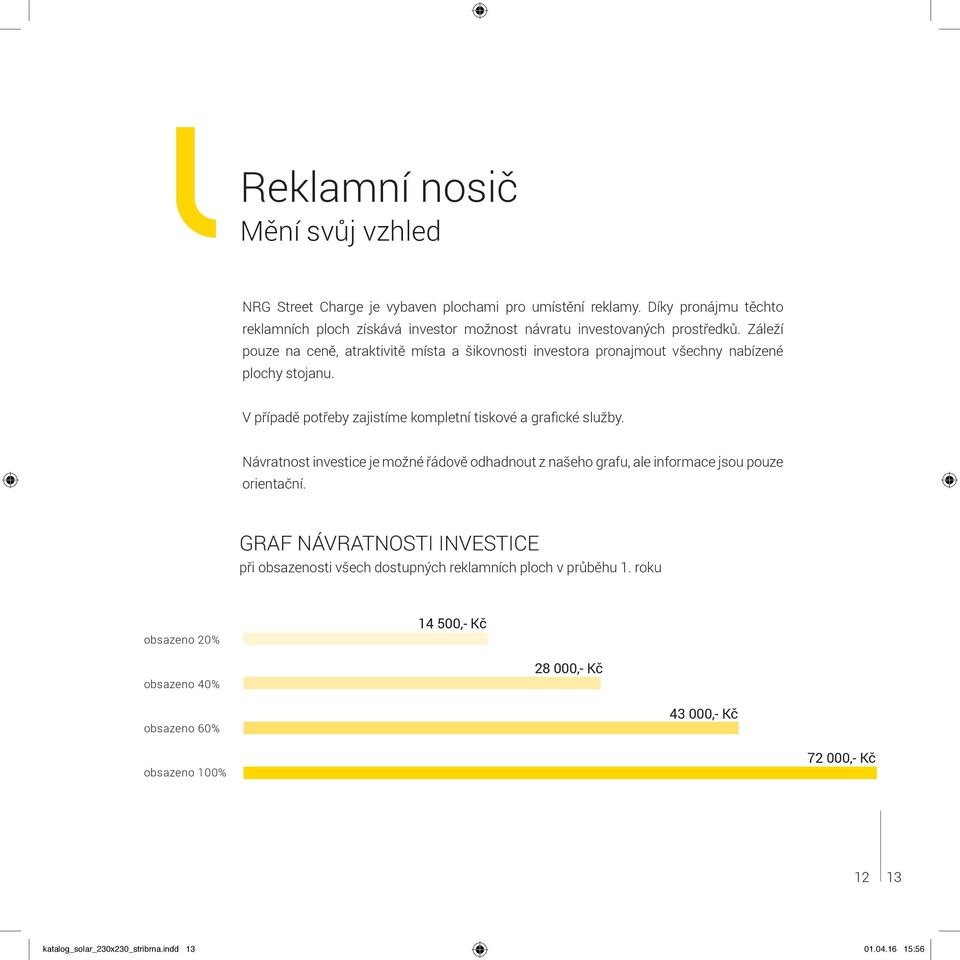 Záleží pouze na ceně, atraktivitě místa a šikovnosti investora pronajmout všechny nabízené plochy stojanu. V případě potřeby zajistíme kompletní tiskové a grafické služby.