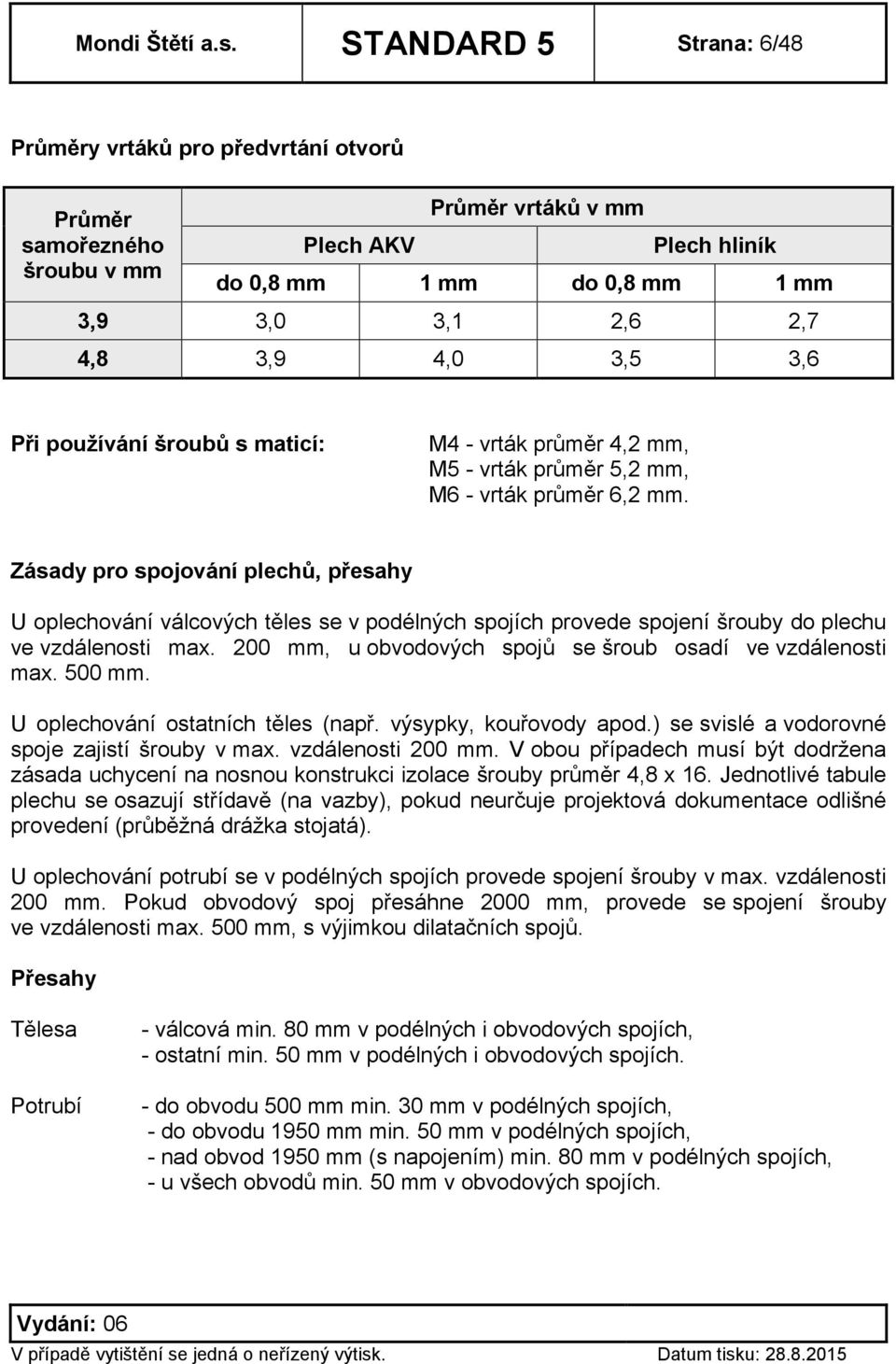 3,6 Při používání šroubů s maticí: M4 - vrták průměr 4,2 mm, M5 - vrták průměr 5,2 mm, M6 - vrták průměr 6,2 mm.