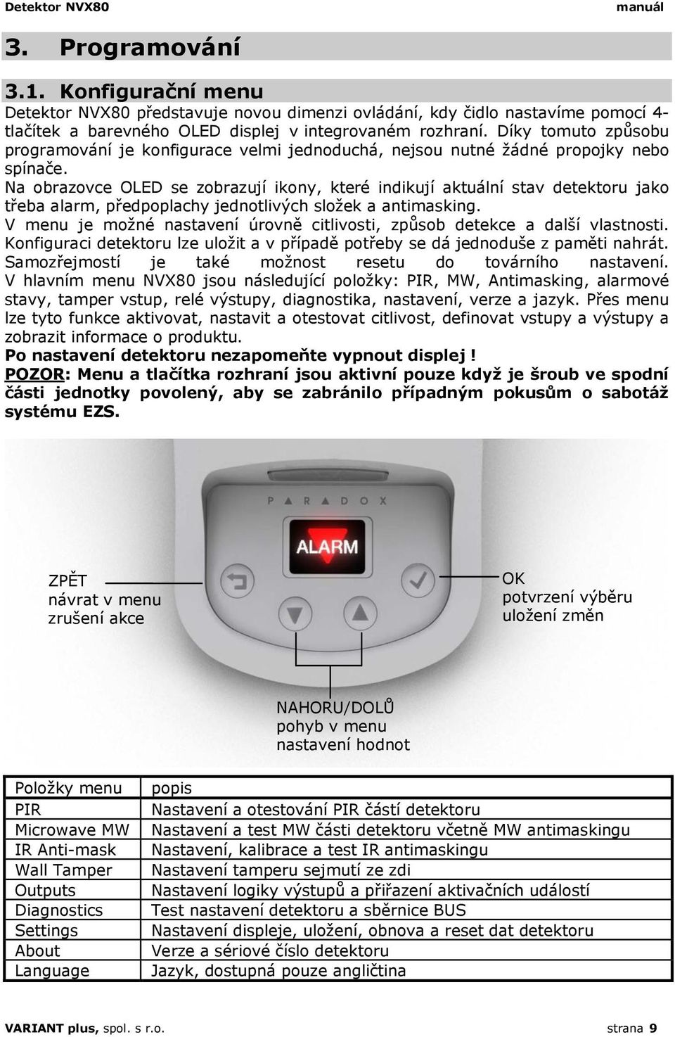 Na obrazovce OLED se zobrazují ikony, které indikují aktuální stav detektoru jako třeba alarm, předpoplachy jednotlivých složek a antimasking.