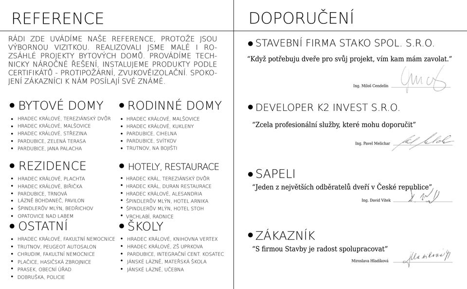 Ing. Miloš Cendelín BYTOVÉ DOMY Hradec Králové, Tereziánský dvůr Hradec Králové, Malšovice Hradec Králové, Střezina Pardubice, Zelená terasa Pardubice, Jana palacha REZIDENCE Hradec králové, plachta