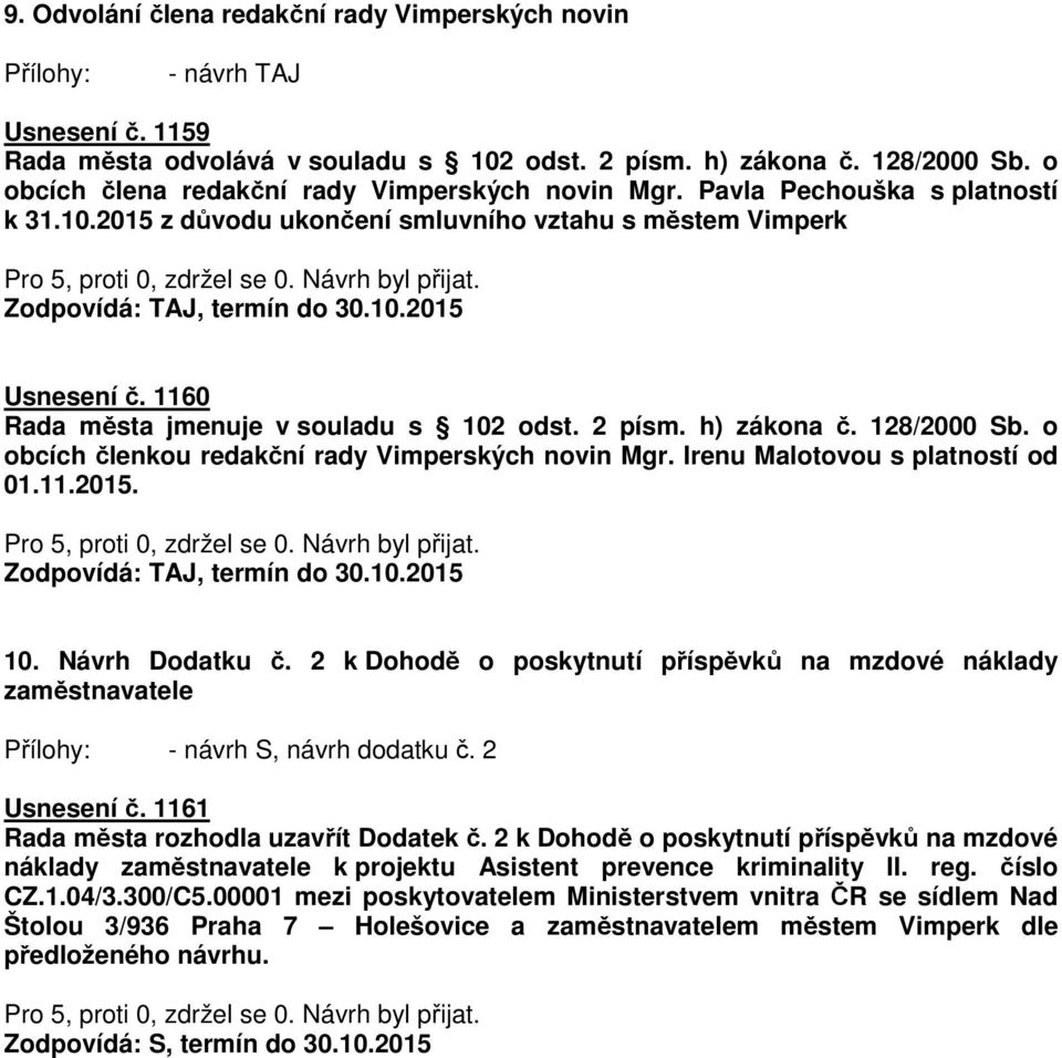 1160 Rada města jmenuje v souladu s 102 odst. 2 písm. h) zákona č. 128/2000 Sb. o obcích členkou redakční rady Vimperských novin Mgr. Irenu Malotovou s platností od 01.11.2015.