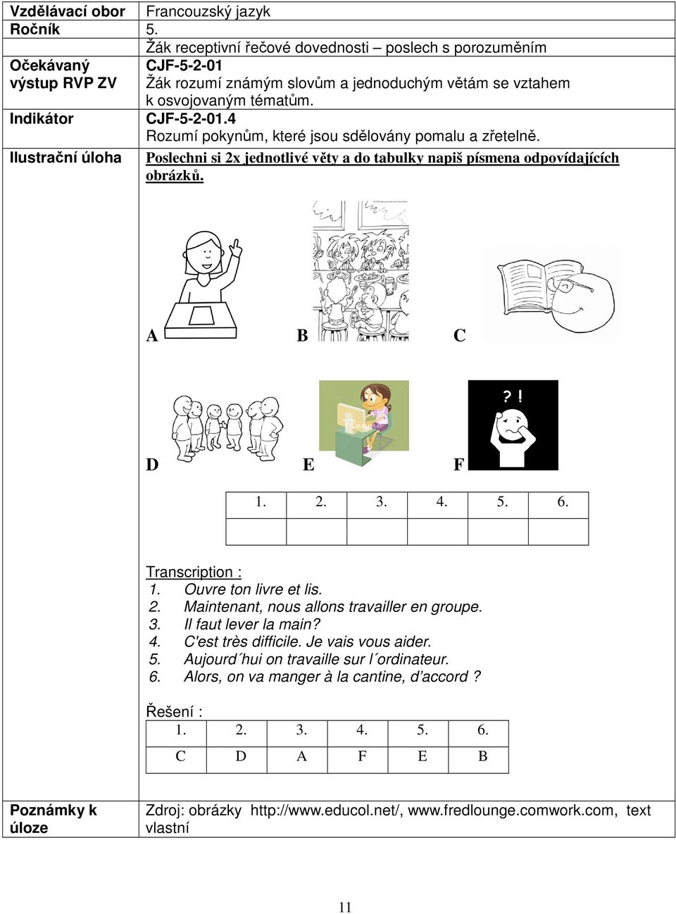 Transcription : 1. Ouvre ton livre et lis. 2. Maintenant, nous allons travailler en groupe. 3. Il faut lever la main? 4. C'est très difficile. Je vais vous aider. 5.