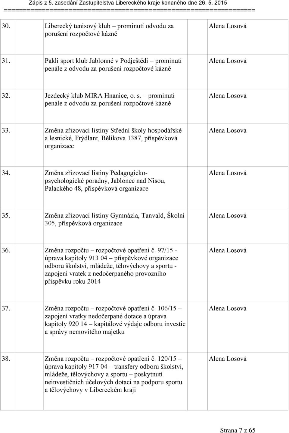 Změna zřizovací listiny Střední školy hospodářské a lesnické, Frýdlant, Bělíkova 1387, příspěvková organizace Alena Losová 34.