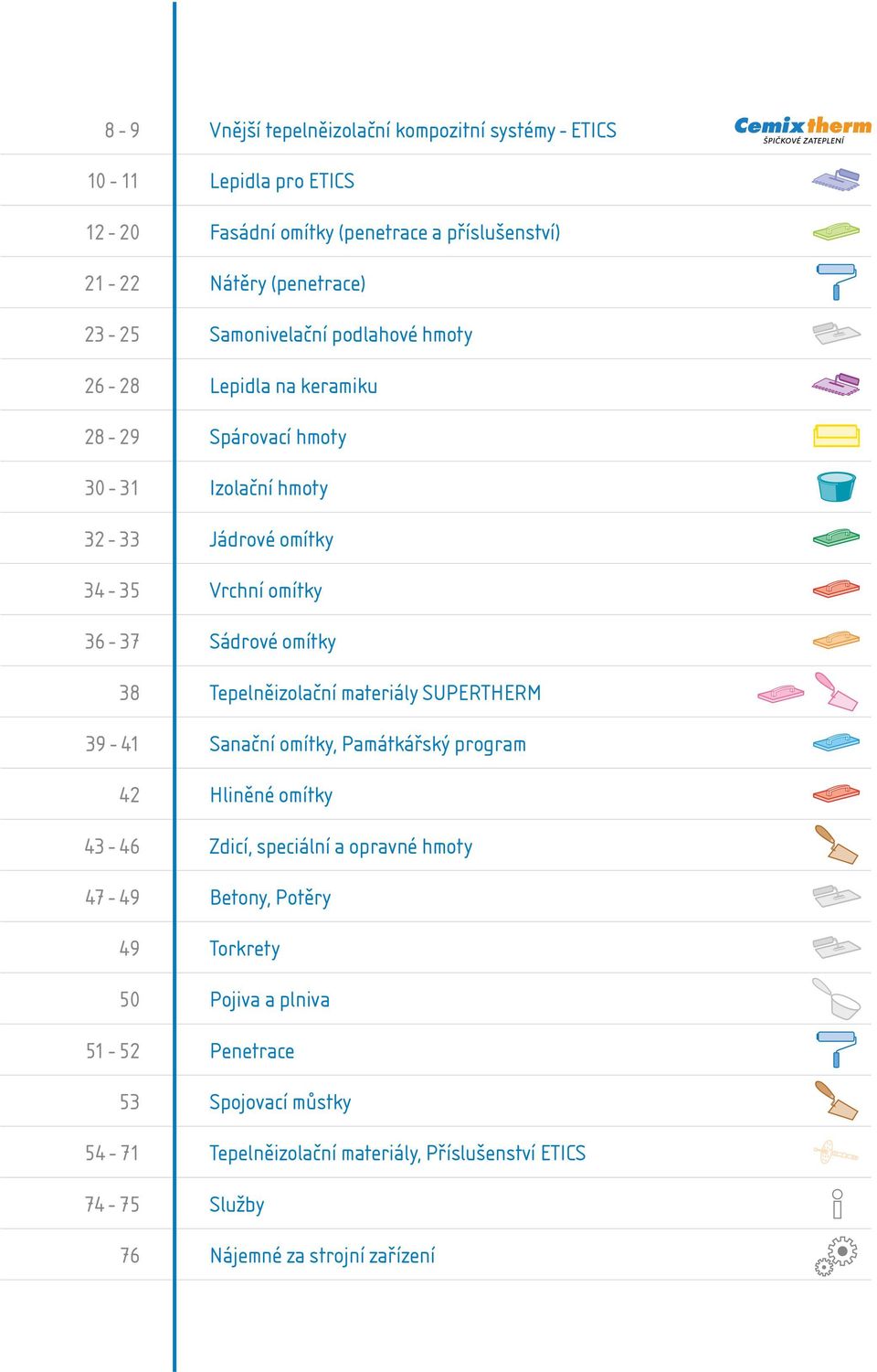 38 Tepelněizolační materiály SUPERTHERM 39-41 Sanační omítky, Památkářský program 42 Hliněné omítky 43-46 Zdicí, speciální a opravné hmoty 47-49 Betony, Potěry