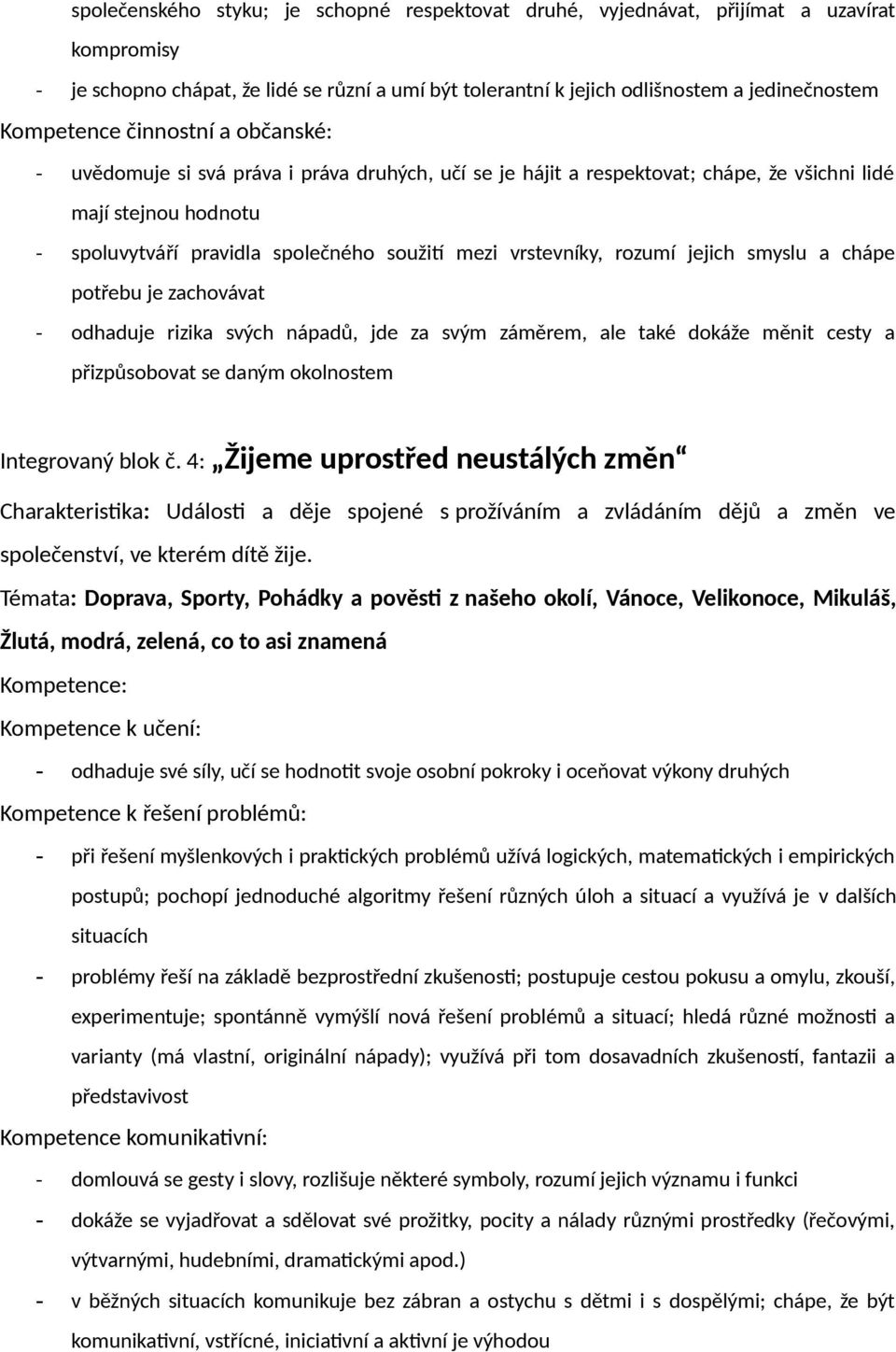 vrstevníky, rozumí jejich smyslu a chápe potřebu je zachovávat - odhaduje rizika svých nápadů, jde za svým záměrem, ale také dokáže měnit cesty a přizpůsobovat se daným okolnostem Integrovaný blok č.