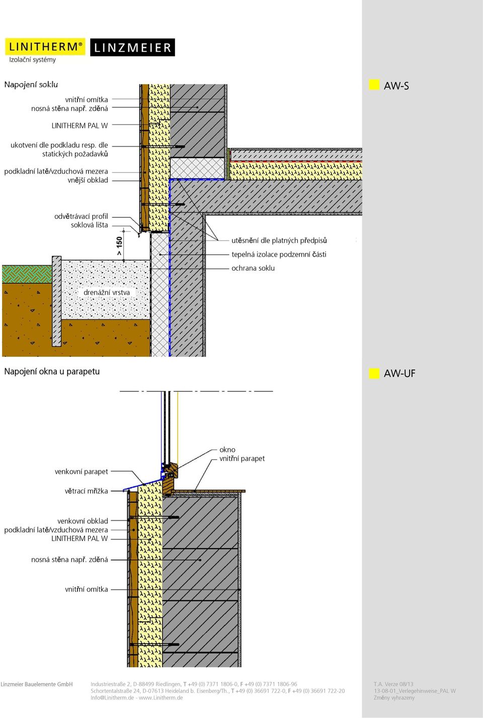 ochrana soklu drenážní vrstva Napojení okna u parapetu AW-UF okno vnitřní parapet venkovní parapet větrací mřížka podkladní latě/vzduchová mezera nosná stěna např.