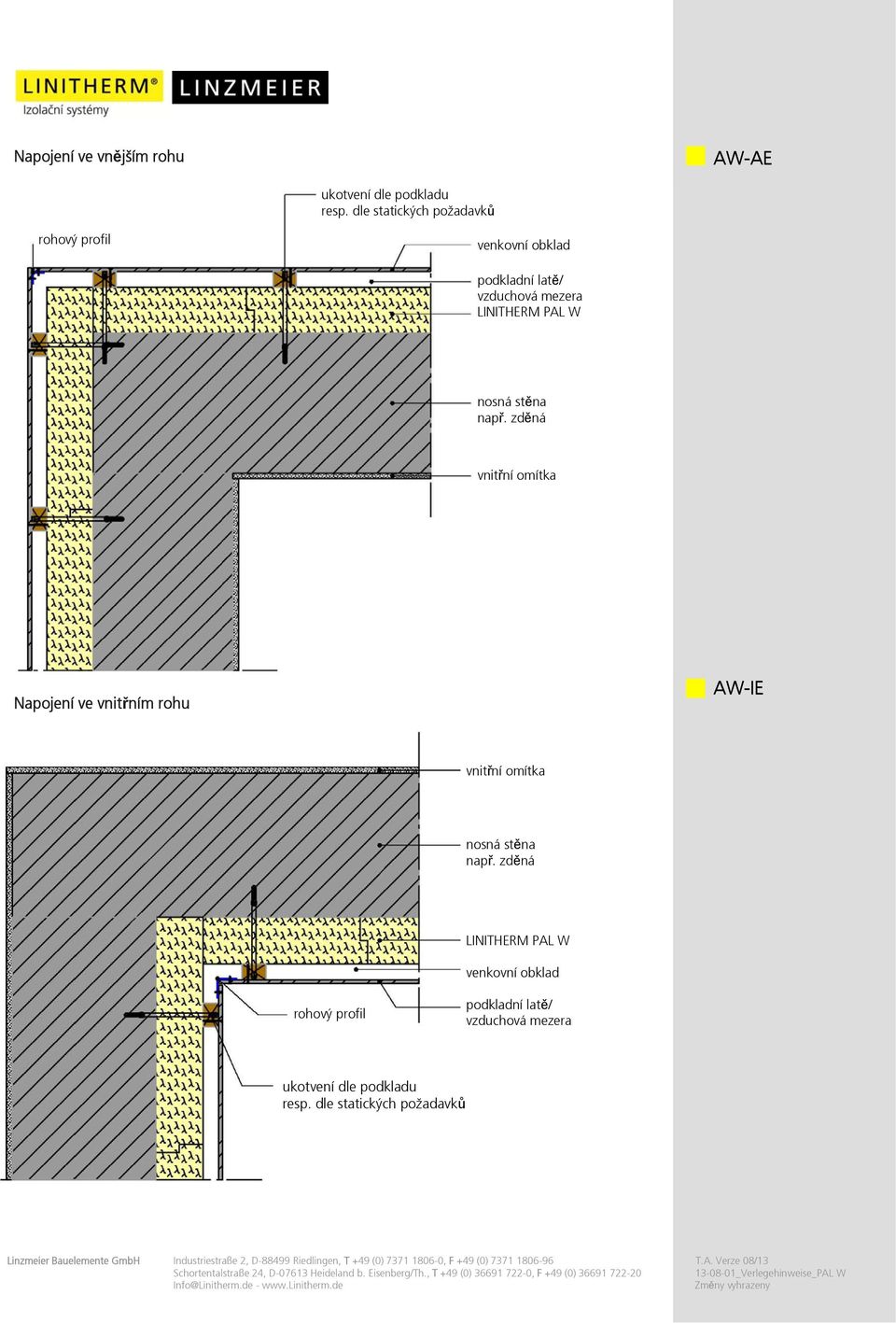 stěna např. zděná Napojení ve vnitřním rohu AW-IE nosná stěna např.