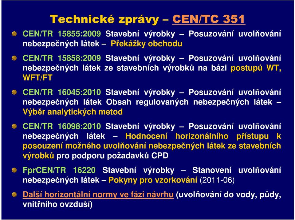 CEN/TR 16098:2010 Stavební výrobky Posuzování uvolňování nebezpečných látek Hodnocení horizonálního přístupu k posouzení možného uvolňování nebezpečných látek ze stavebních výrobků pro podporu