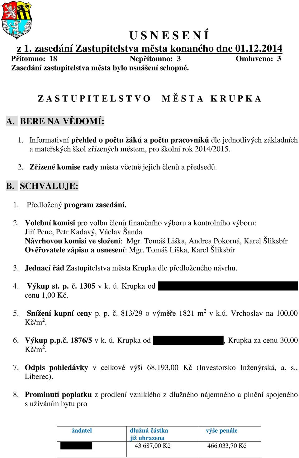 Informativní přehled o počtu žáků a počtu pracovníků dle jednotlivých základních a mateřských škol zřízených městem, pro školní rok 2014/2015. 2. Zřízené komise rady města včetně jejich členů a předsedů.