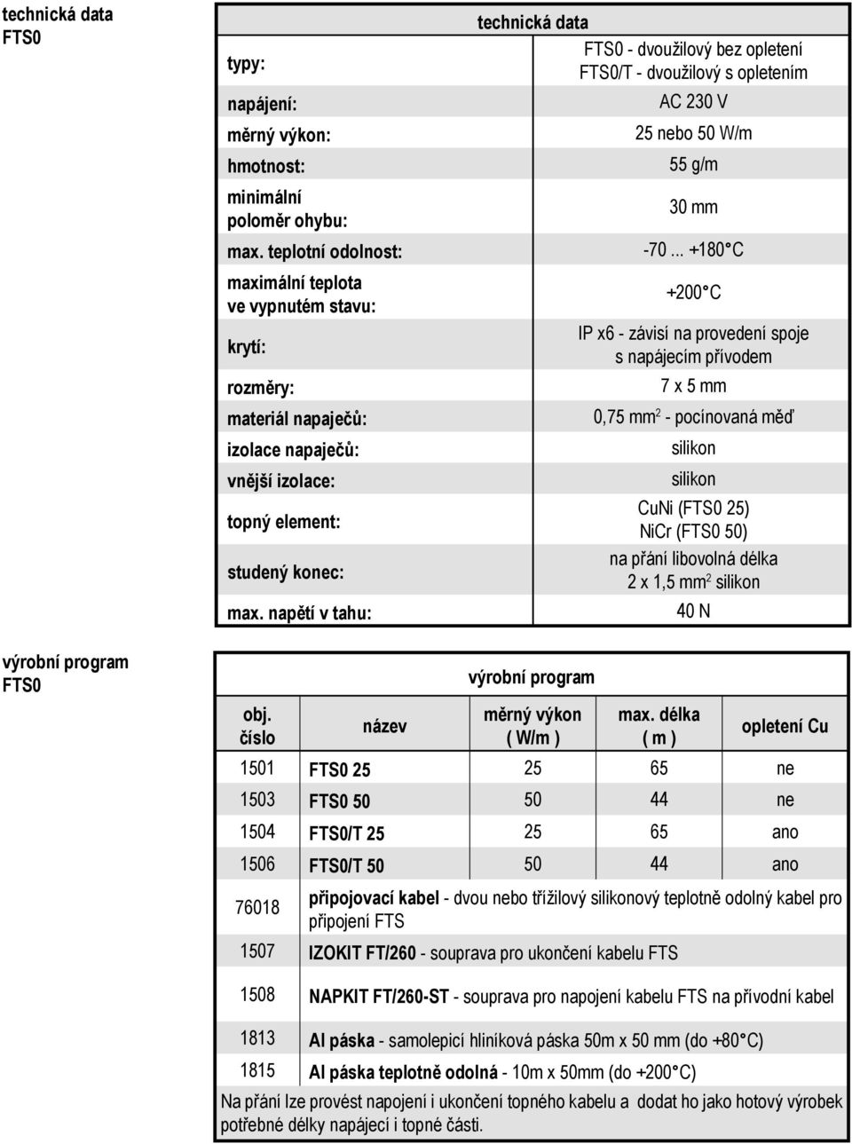napětí v tahu: technická data FTS0 - dvoužilový bez opletení FTS0/T - dvoužilový s opletením AC 230 V 25 nebo 50 W/m 55 g/m 30 mm -70.