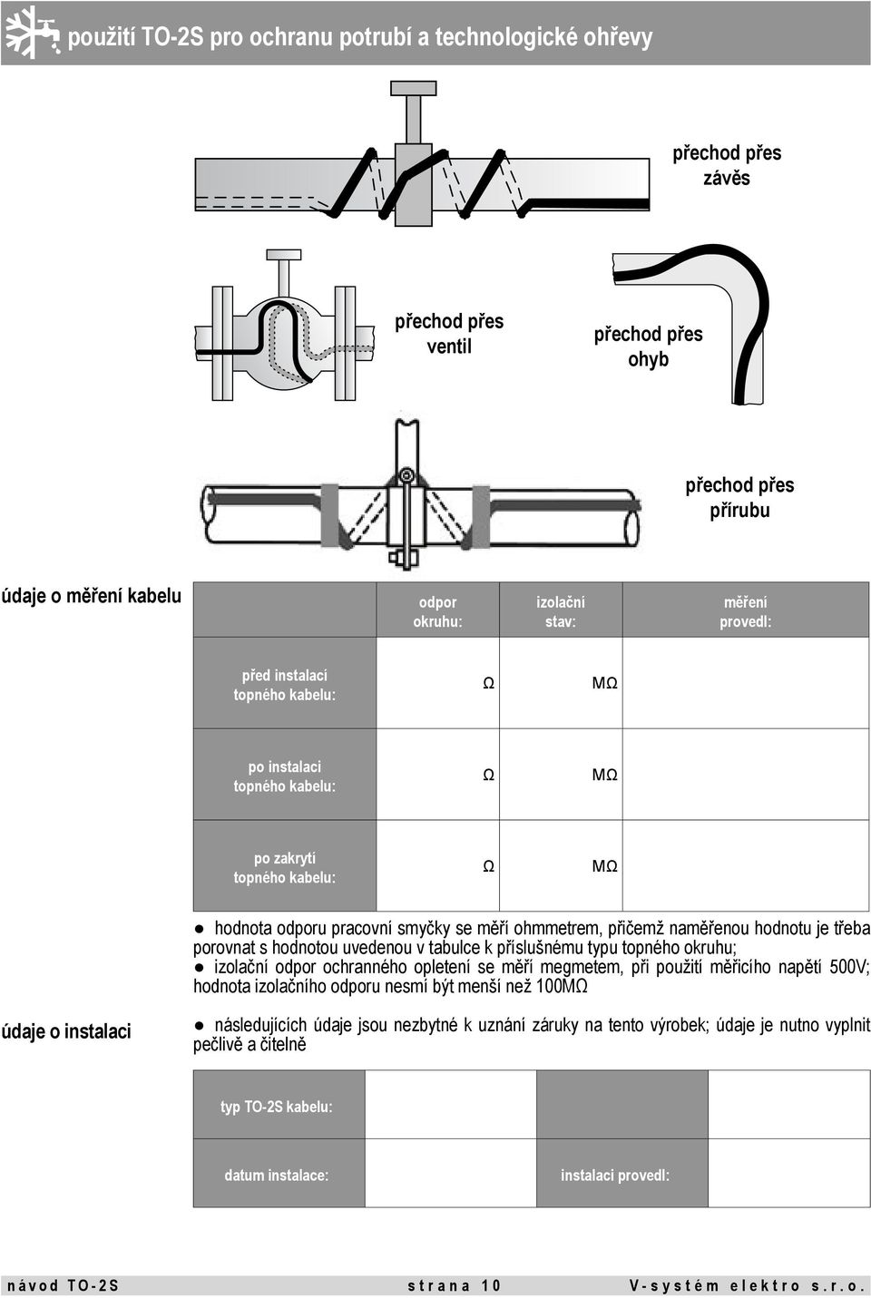 porovnat s hodnotou uvedenou v tabulce k příslušnému typu topného okruhu; izolační odpor ochranného opletení se měří megmetem, při použití měřicího napětí 500V; hodnota izolačního odporu nesmí být