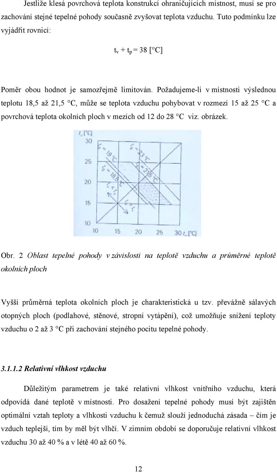 Požadujeme-li v místnosti výslednou teplotu 18,5 až 21,5 C, může se teplota vzduchu pohybovat v rozmezí 15 až 25 C a povrchová teplota okolních ploch v mezích od 12 do 28 C viz. obrázek. Obr.