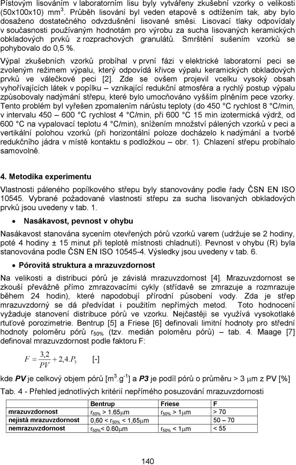Lisovací tlaky odpovídaly v současnosti používaným hodnotám pro výrobu za sucha lisovaných keramických obkladových prvků z rozprachových granulátů. Smrštění sušením vzorků se pohybovalo do 0,5 %.